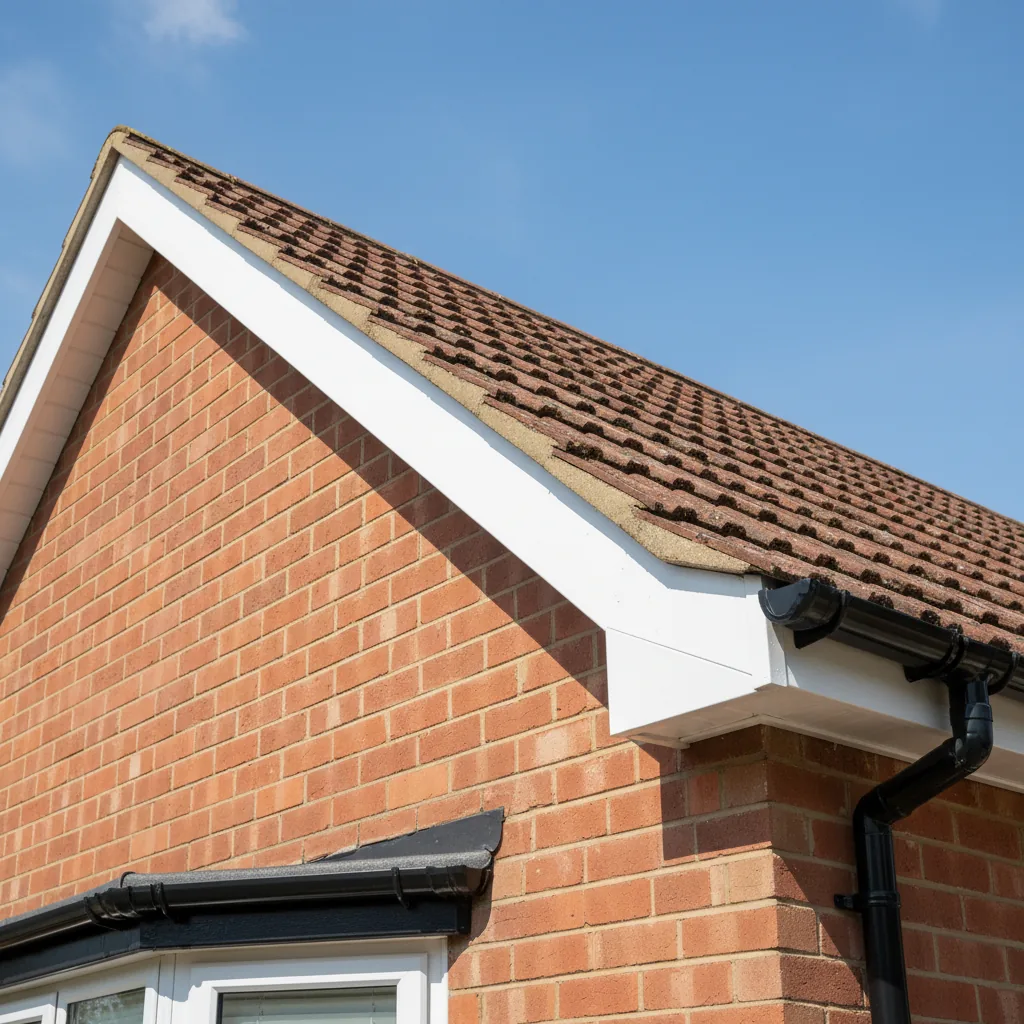 Fresh white uPVC fascia, soffit and bargeboard on the gable end of a British house