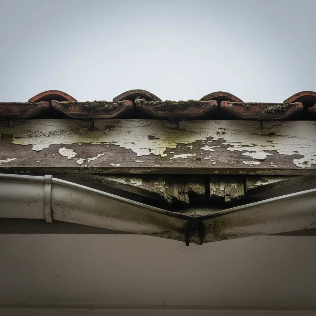 Before: peeling paint on a rotten timber fascia with a sagging gutter and moss on the tiles