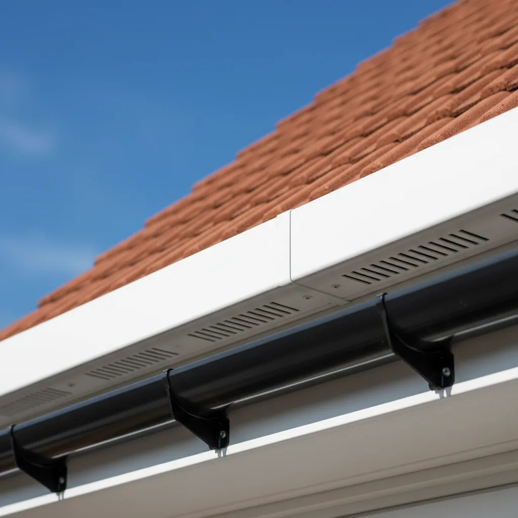 After: crisp new white uPVC fascia, ventilated soffit and black guttering against a blue sky