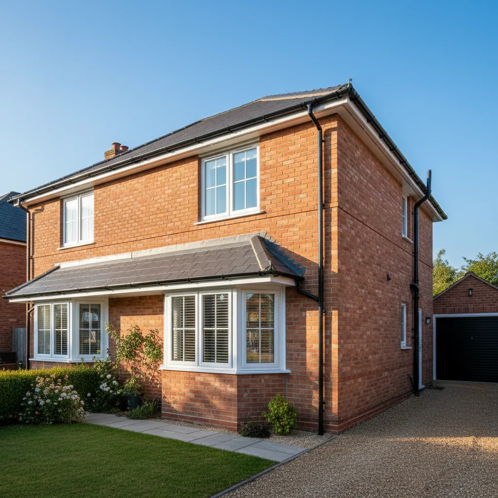 A British brick house with crisp new white uPVC fascias, soffits and black guttering under a blue sky